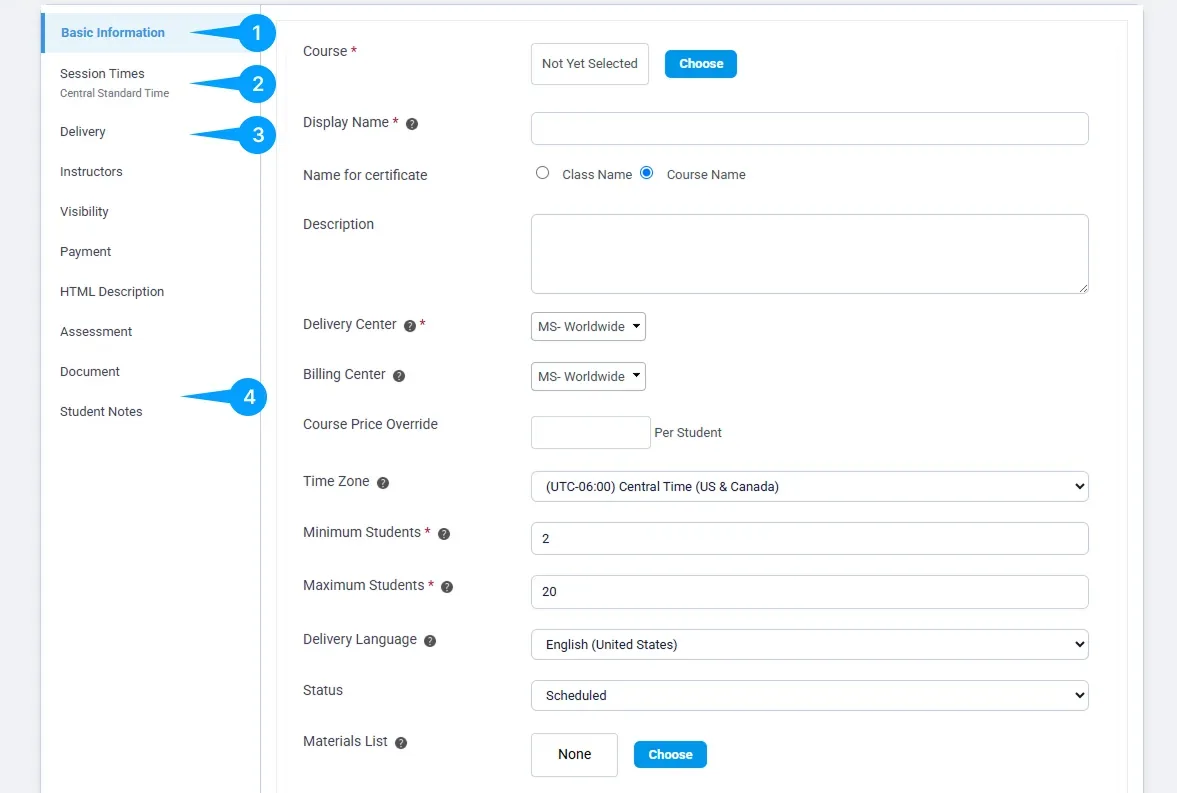 Training Management Create Classes Page