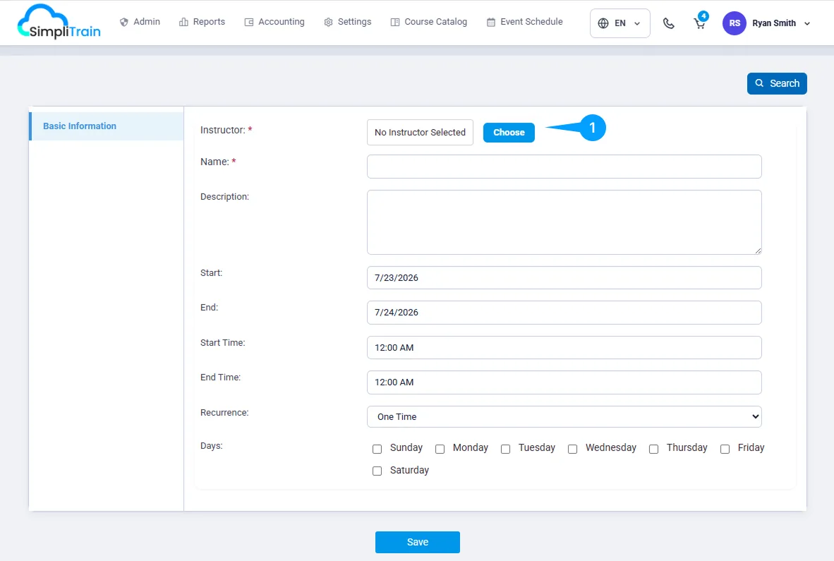 Training Management Create Instructor Blockout Page