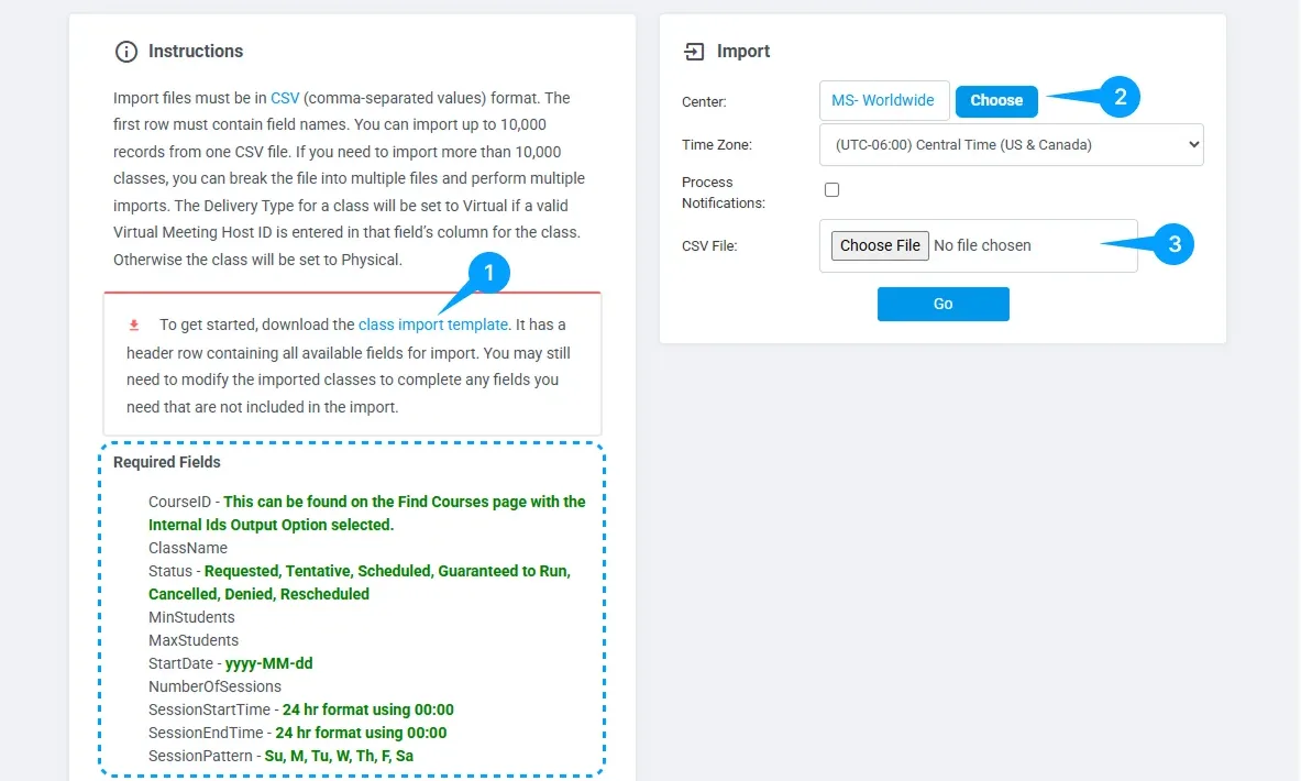 Training Management Import Classes Page